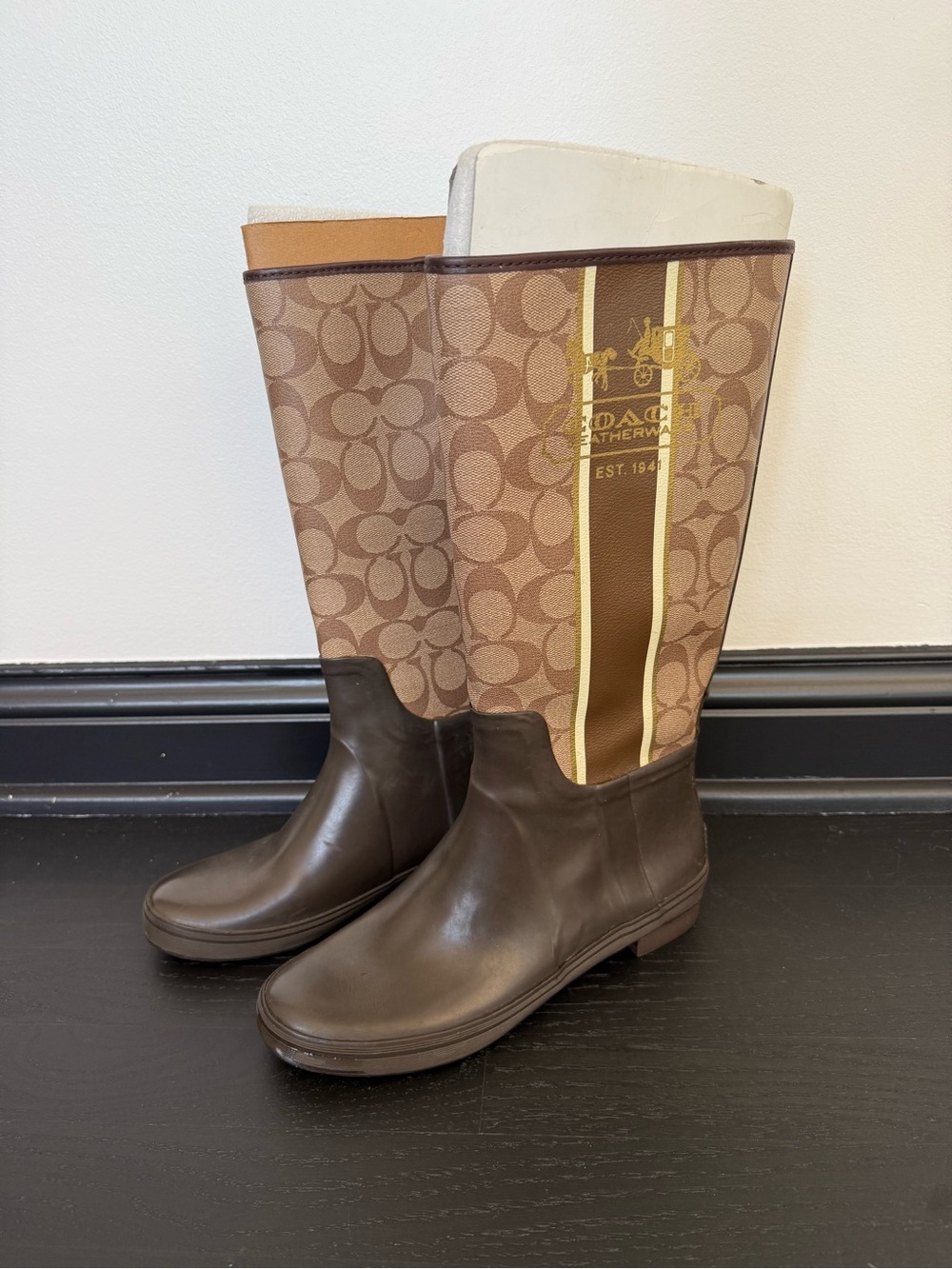 Coach Brown Signature Logo Tall Rain Boots with white Stripe